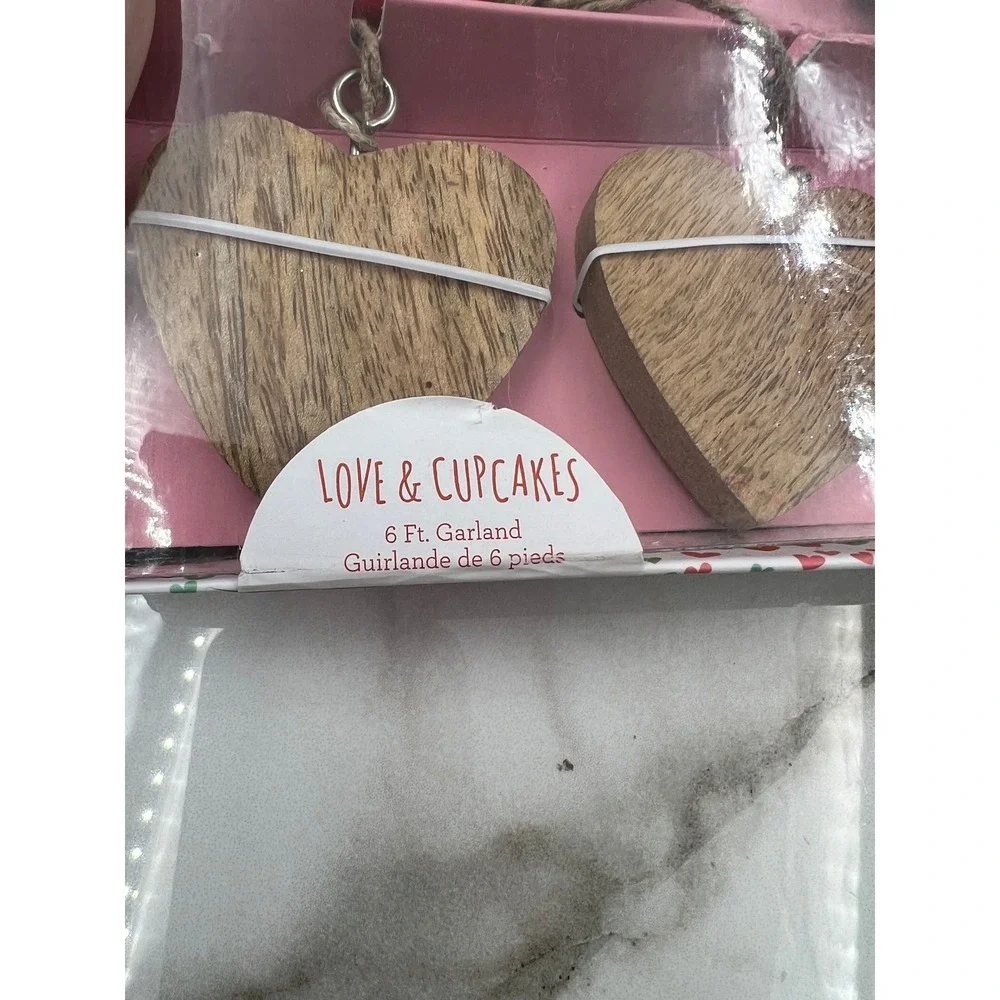 Love & Cupcakes 6 Ft Wooden Heart Garland Red Gold Natural Wood Bead Valentine